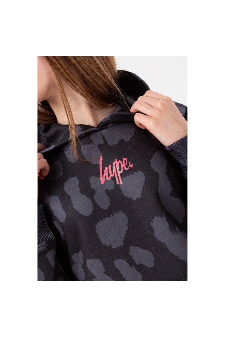 Girls Script Cheetah Print Hoodie - Black