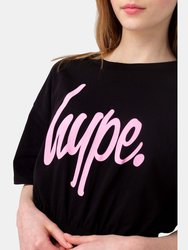 Girls Script Elasticated Hem Crop T-Shirt -Black