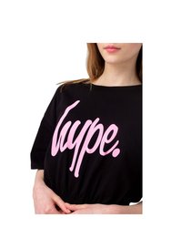 Girls Script Elasticated Hem Crop T-Shirt -Black