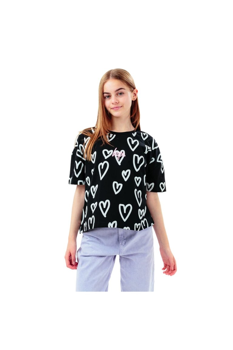 Girls Script Heart Boxy T-Shirt - Black/White
