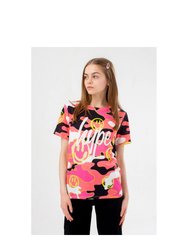 Girls Smiley Camo Script T-Shirt - Black/Pink