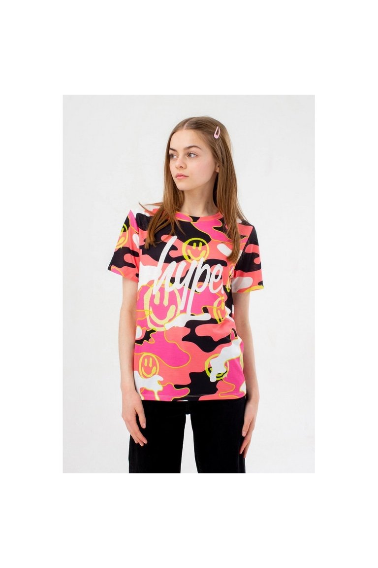 Girls Smiley Camo Script T-Shirt - Black/Pink