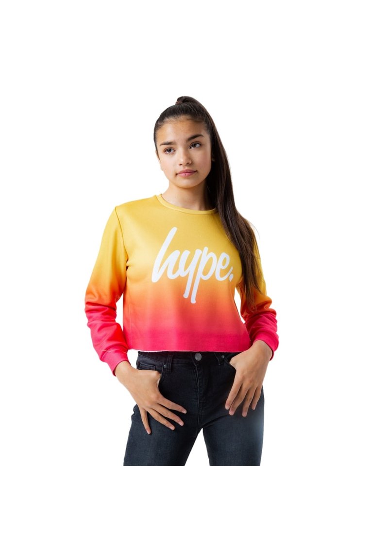 Girls Sunset Fade Crop Sweatshirt - Yellow/Coral/Pink