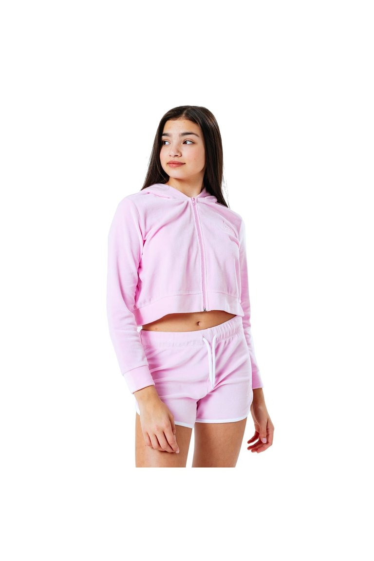 Girls Velour Crop Hoodie - Pink