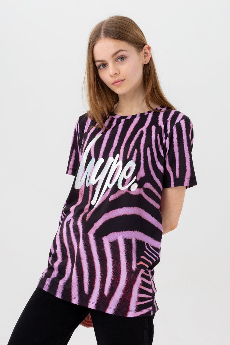 Girls Zebra Crush Script T-Shirt - Black/Purple/White