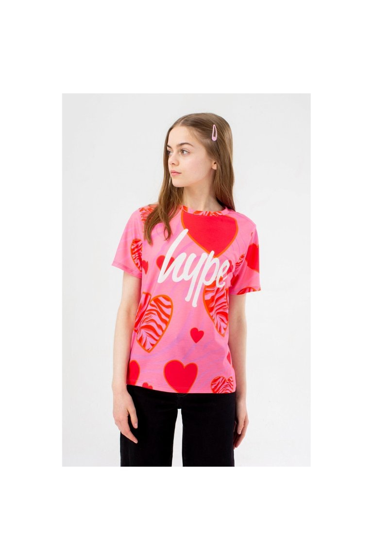 Girls Zebra Heart Script T-Shirt - Pink/Red - Pink/Red
