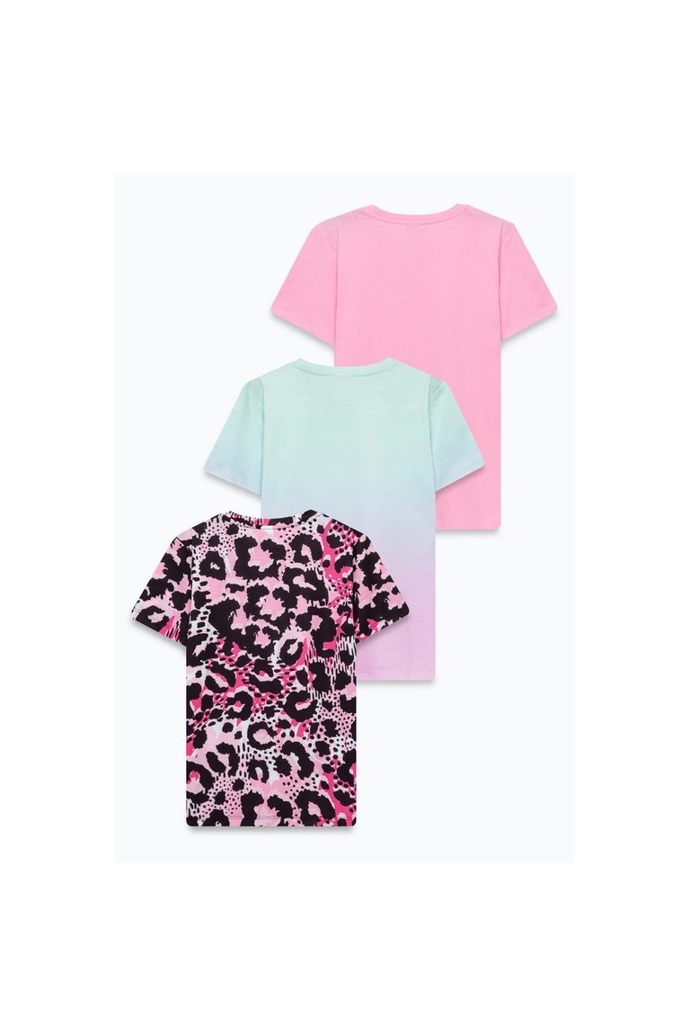 Hype Girls Fade Leopard Print T-Shirt Set (Pack of 3) (Pink/Blue/Black)