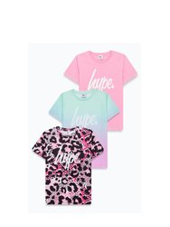 Hype Girls Fade Leopard Print T-Shirt Set (Pack of 3) (Pink/Blue/Black) - Pink/Blue/Black