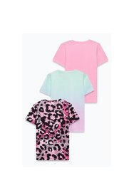 Hype Girls Fade Leopard Print T-Shirt Set (Pack of 3) (Pink/Blue/Black)