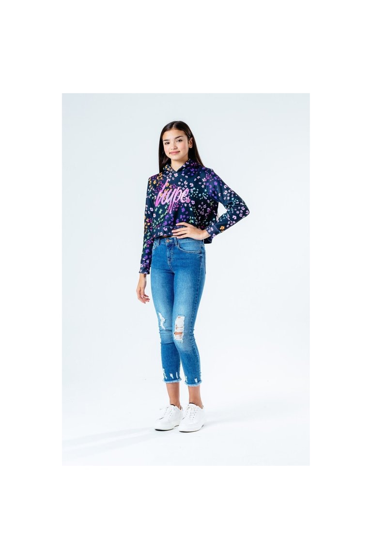 Hype Girls Floral Ditsy Cropped Hoodie - Black