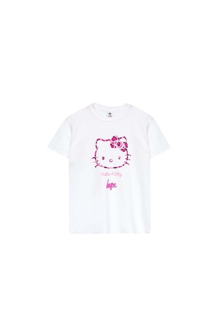 Hype Girls Infill Hello Kitty Leopard Print T-Shirt - White/Pink