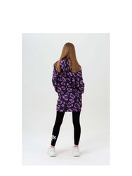 Hype Girls Leopard Script Long Length Hoodie (Purple)