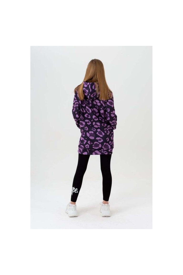 Hype Girls Leopard Script Long Length Hoodie (Purple)