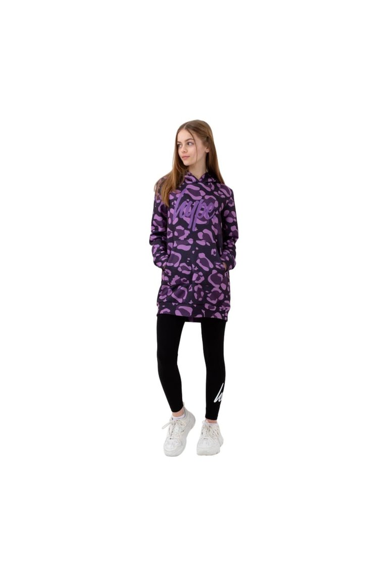 Hype Girls Leopard Script Long Length Hoodie - Purple