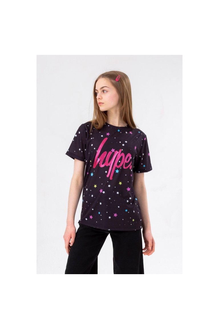 Hype Girls Multi Star Glitter T-Shirt (Black/Pink) - Black/Pink