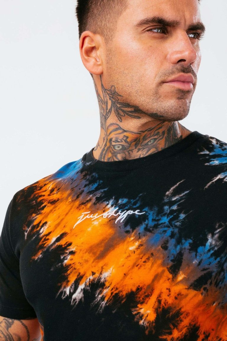 Mens Bohemian Tie Dye T-Shirt (Black/Blue/Orange) - Black/Blue/Orange