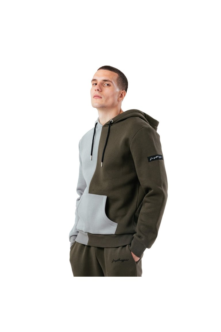 Mens Half V Half Colour Block Oversized Hoodie - Khaki/Gray