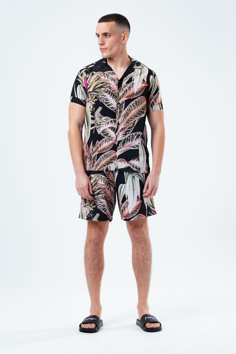 Mens Resort Palm Leaf Shirt - Black/Pink/Green