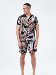 Mens Resort Palm Leaf Shirt - Black/Pink/Green