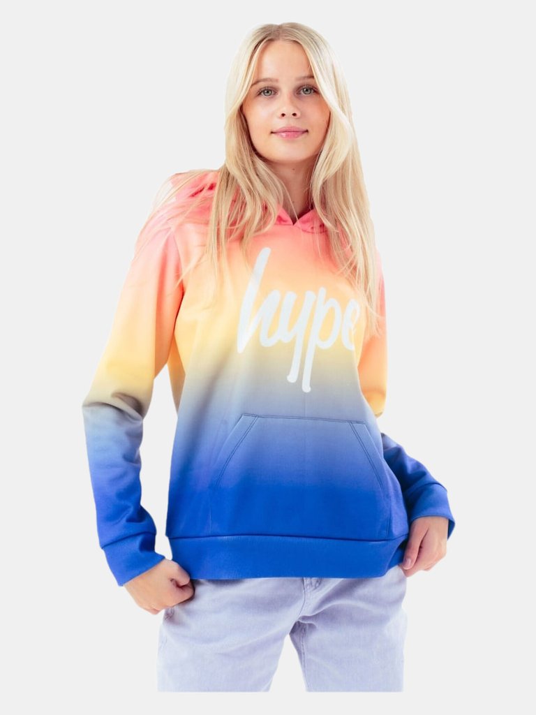 Multi Gradient Girls Pullover Hoodie - Blue/Yellow/Peach