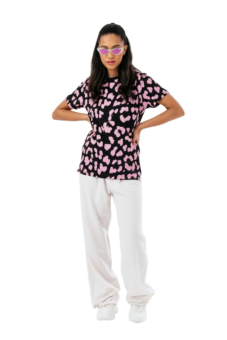 Womens Leopard Print T-Shirt (Black/Pink)