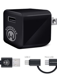 2.4A Wall Charger w/Hybrid USB-C Cable 4ft Black - Black