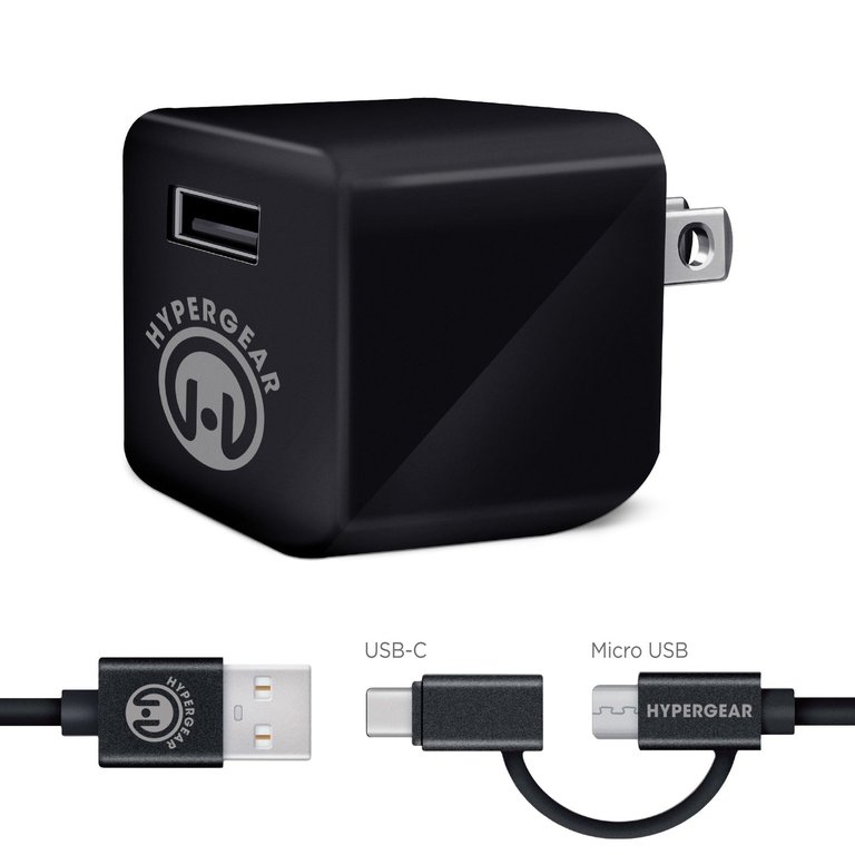 2.4A Wall Charger w/Hybrid USB-C Cable 4ft Black - Black