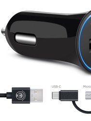 Rapid 2.4A Car Charger With Hybrid USB-C Cable 4ft Bl
