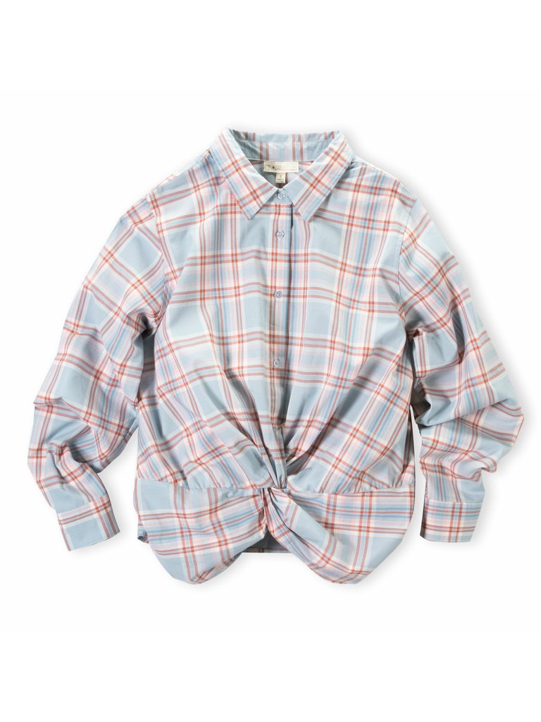 I Am by Studio 51  Long Sleeve Twist-Front Button Up Woven Shirt - Unity Plaid