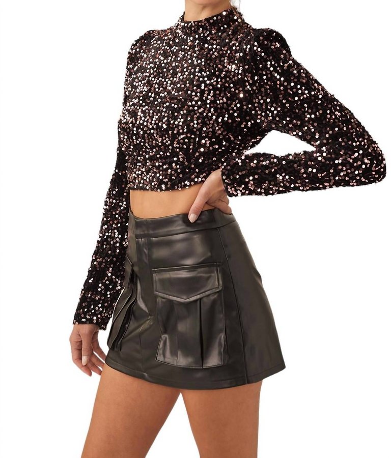 All Night Long Sequin Crop Top In Black/pink