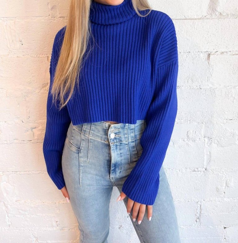 Toasty Babe Turtleneck Crop Sweater In Blue - Blue