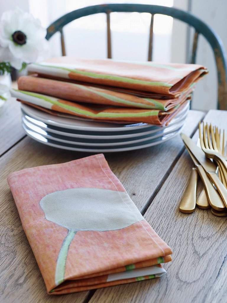 Napkin Set: Cream Flowers on Orange - Orange