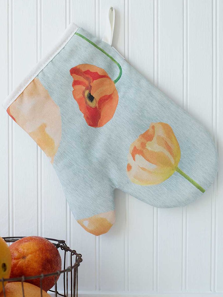 Oven Mitt: Peach Poppies on Grey - Grey