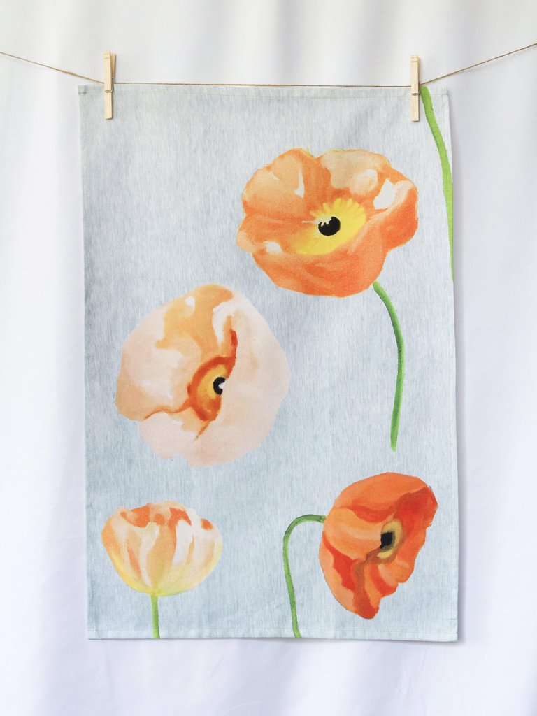 Tea Towel: Peach Poppies on Grey - Peach/Grey