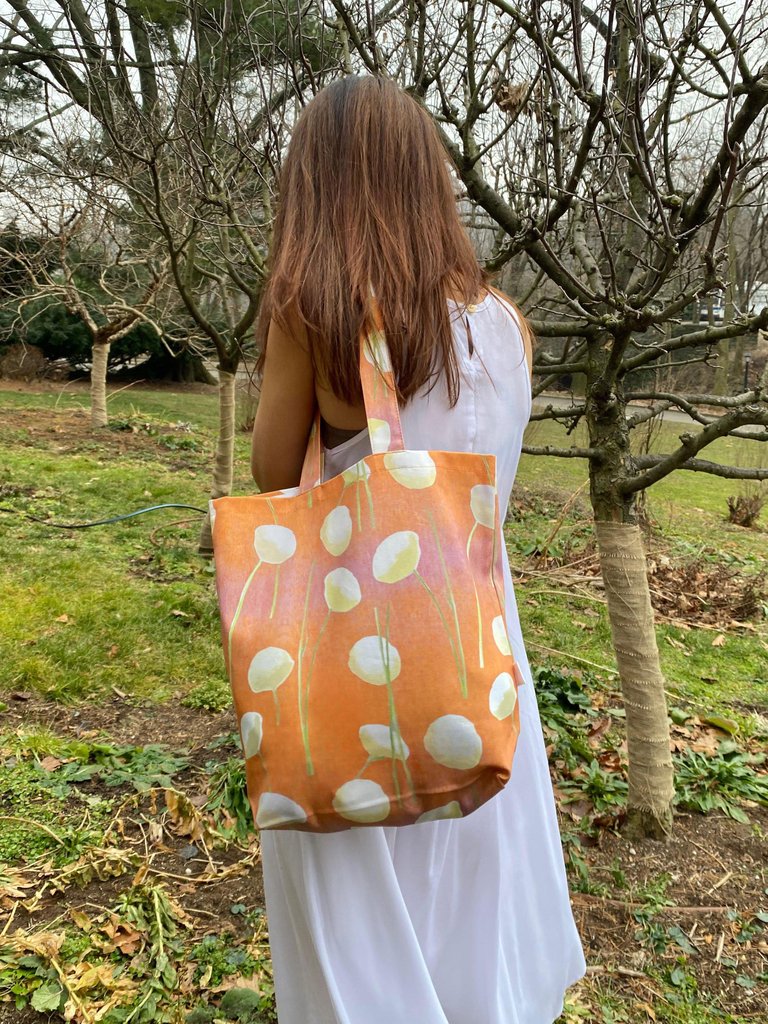 Tote Bag: Cream Flowers on Orange