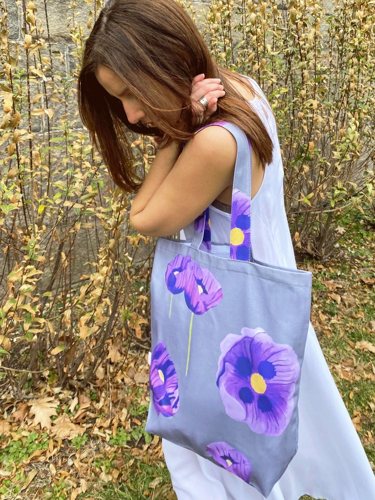 Tote Bag: Purple Poppies on Grey - Grey