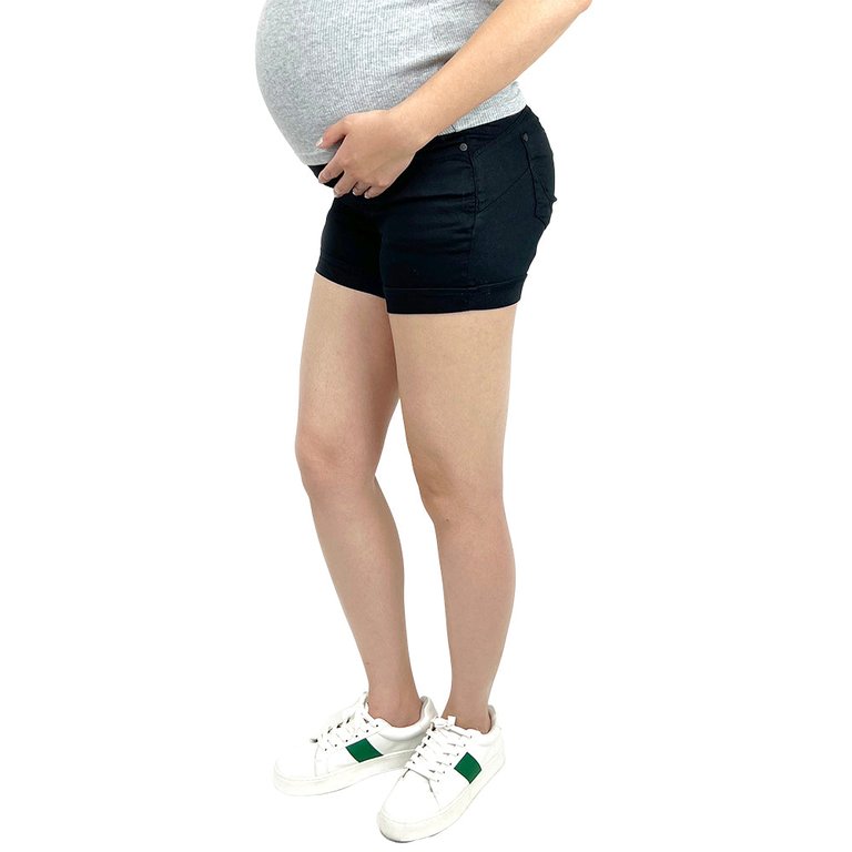 Black Twill Maternity Shorts With Belly Band