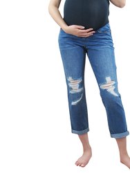 Cuffed Destructed Straight Leg Maternity Jean - Medium Denim