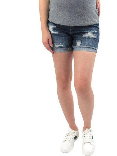Indigo Poppy Destructed Cuffed Maternity Shorts With Under Belly product