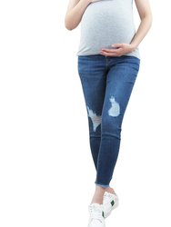 Fray Ankle Skinny Maternity Jean with Belly Band - Blue