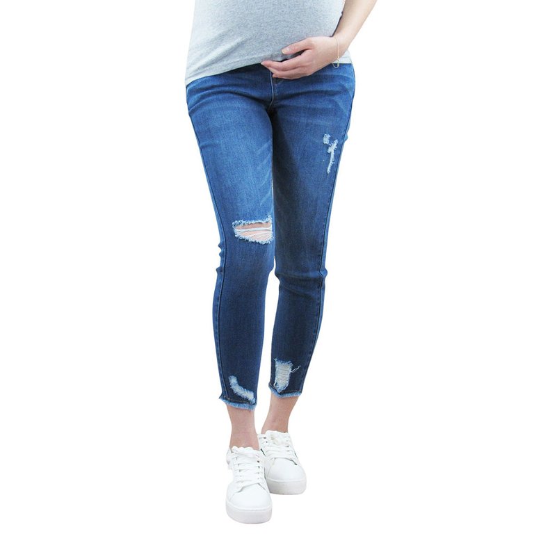 Jagged Hem Destructed Maternity Jean with Belly Band - Blue