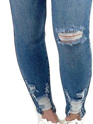 Medium Wash Distressed Skinny Jeans With Distressed Hem