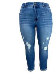 Tummy Control Distressed Jeans With Rolled Cuff - Blue