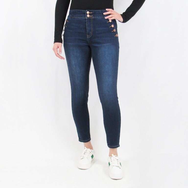 Tummy Control Skinny Jeans With Sailor Button Detail - Indigo Poppy