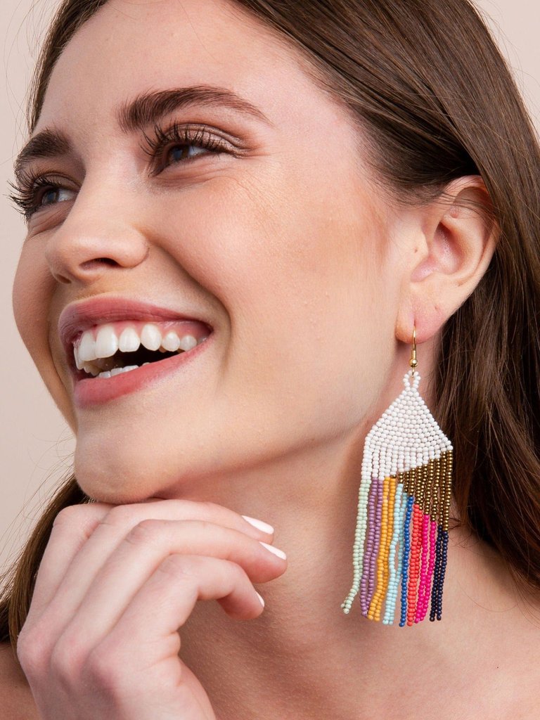 GOLD WHITE WITH BRIGHT STRIPES FRINGE EARRINGS