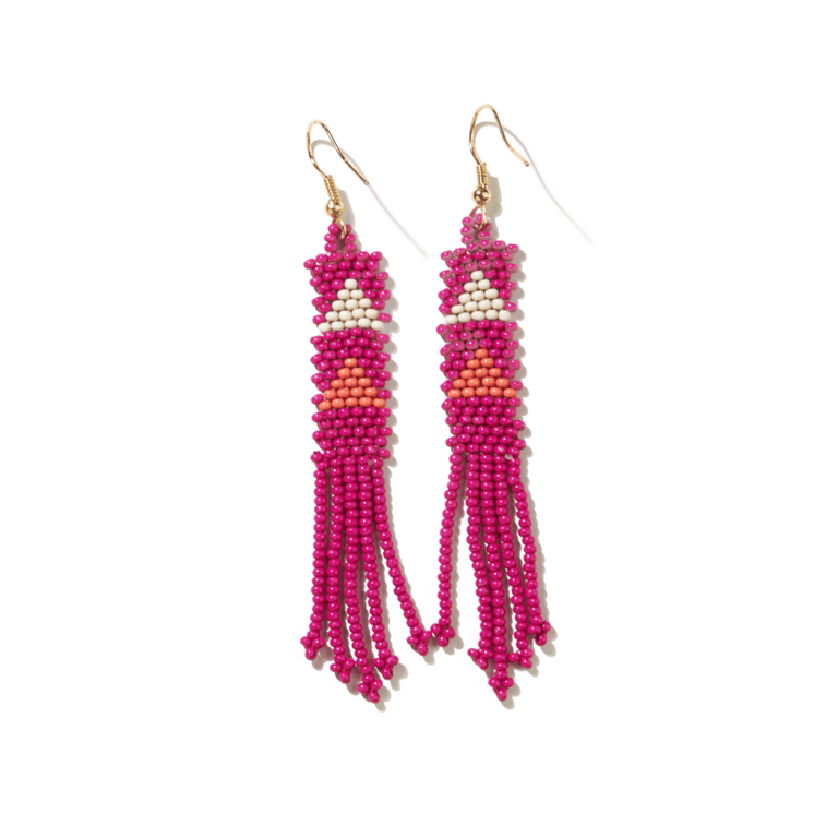 Hot Pink Coral Triangle Petite Fringe Seed Bead Earrings - Hot Pink, Coral
