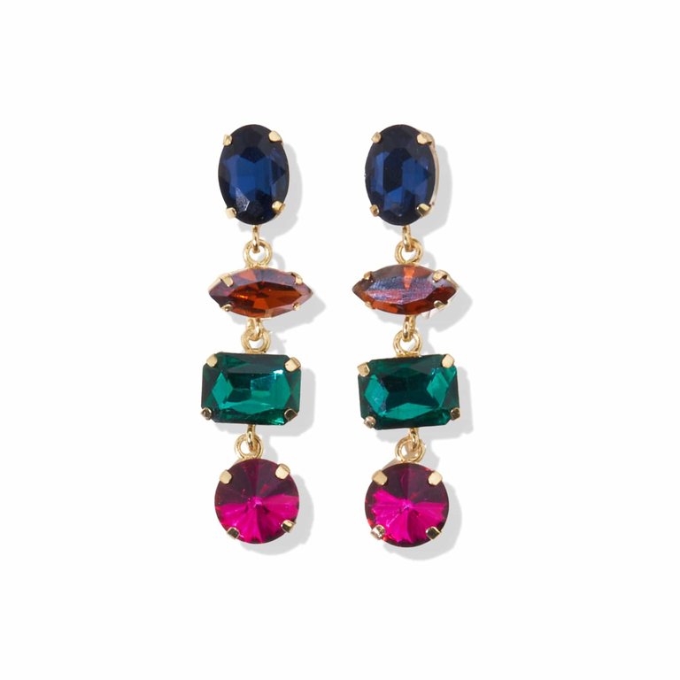 Navy Amber Emerald  Tier Crystal Post Earrings - Navy/Amber/Emerald