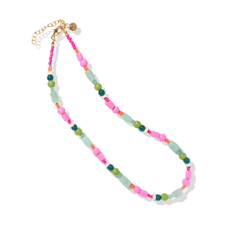Pink Green Glass Bead Necklace With Extension - Pink/Green