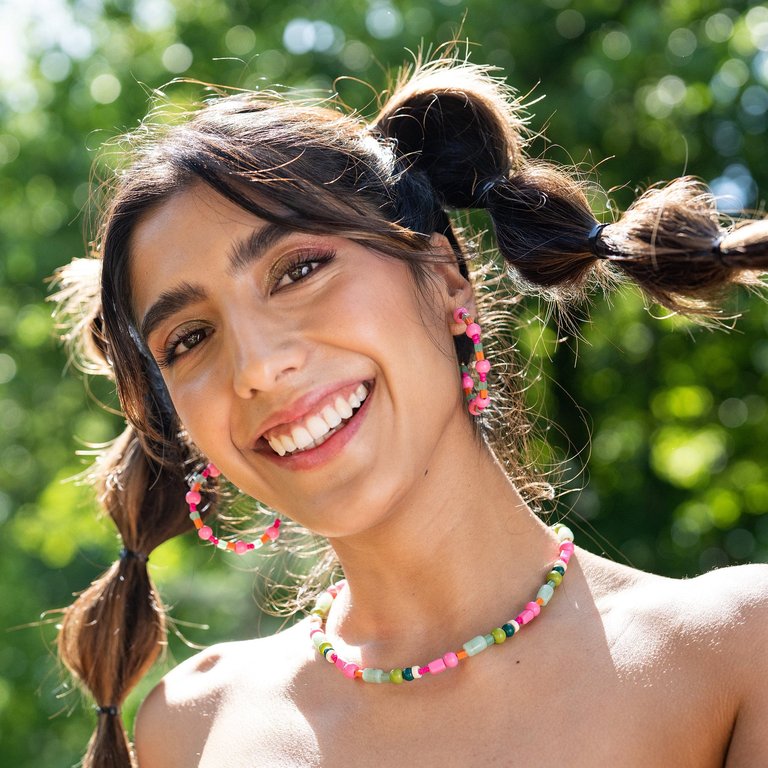 Pink Green Glass Bead Necklace With Extension