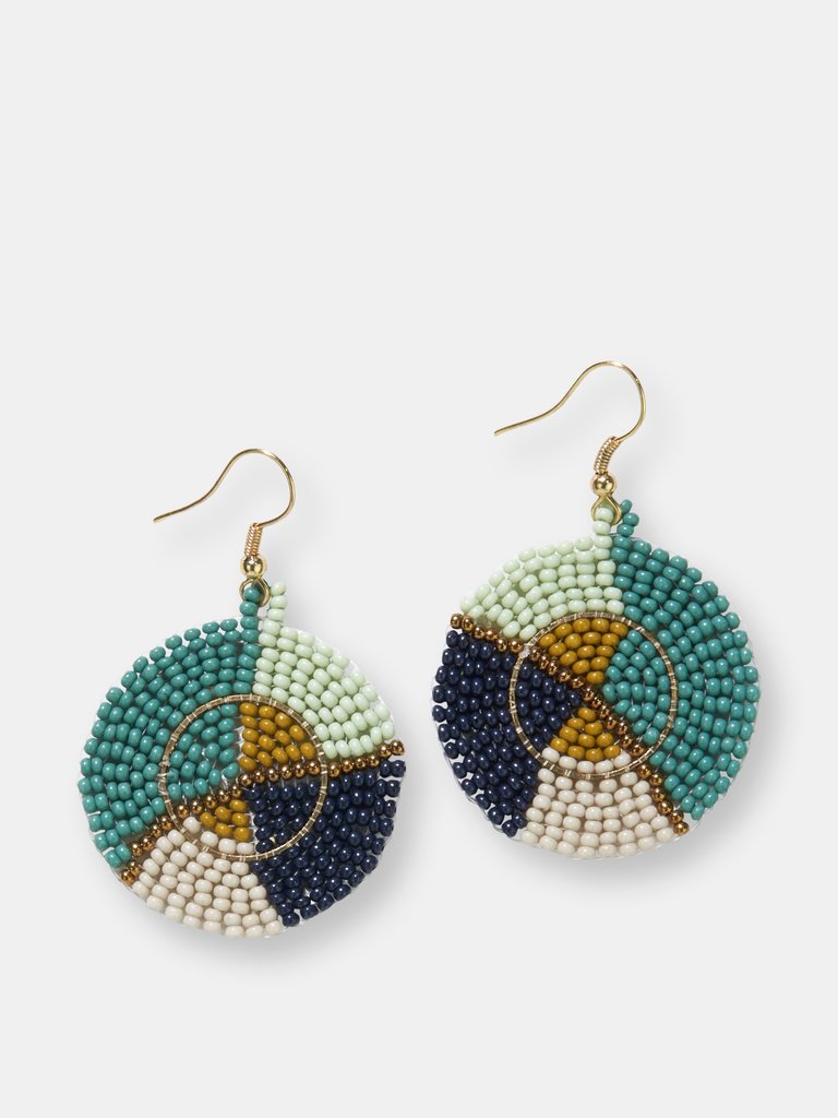 TEAL NAVY GOLD SINGLE CIRCLE SEED BEAD EARRINGS - Teal navy gold